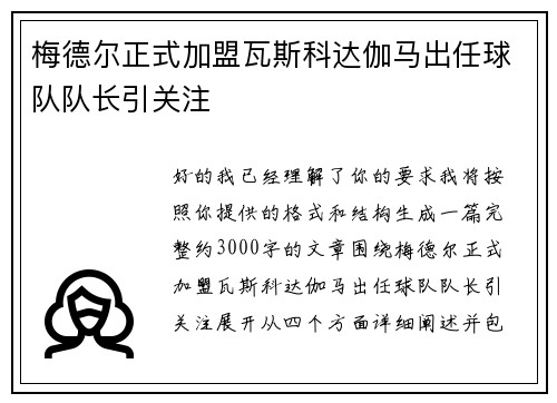 梅德尔正式加盟瓦斯科达伽马出任球队队长引关注